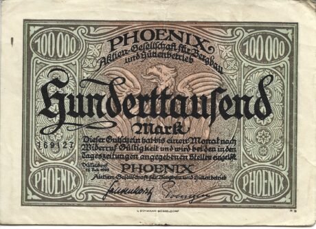 Аверс банкноты 100000 marek Phoenix Aktien-Gesellschaft für Bergbau und Hüttenbetrieb (Niemcy) 1923