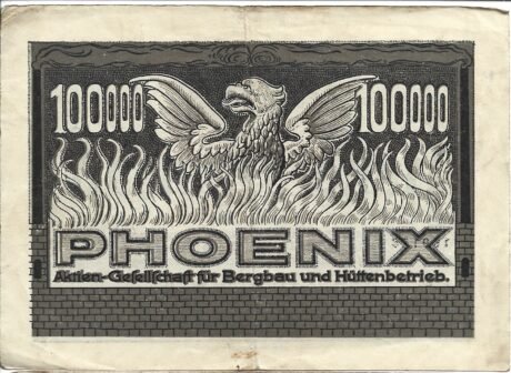 Реверс банкноты 100000 marek Phoenix Aktien-Gesellschaft für Bergbau und Hüttenbetrieb (Niemcy) 1923