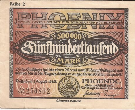 Аверс банкноты 500000 marek Phoenix Aktien-Gesellschaft für Bergbau und Hüttenbetrieb (Niemcy) 1923