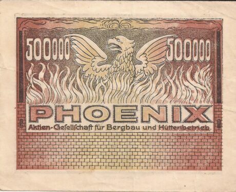 Реверс банкноты 500000 marek Phoenix Aktien-Gesellschaft für Bergbau und Hüttenbetrieb (Niemcy) 1923