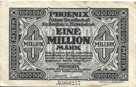 Аверс банкноты 1000000 marek Phoenix Aktien-Gesellschaft für Bergbau und Hüttenbetrieb (Niemcy) 1923