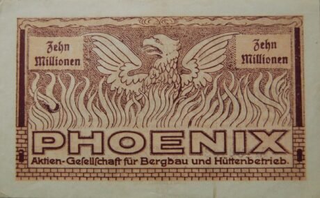 Реверс банкноты 10000000 марок Phoenix Aktien-Gesellschaft für Bergbau und Hüttenbetrieb (Германия) 1923 года