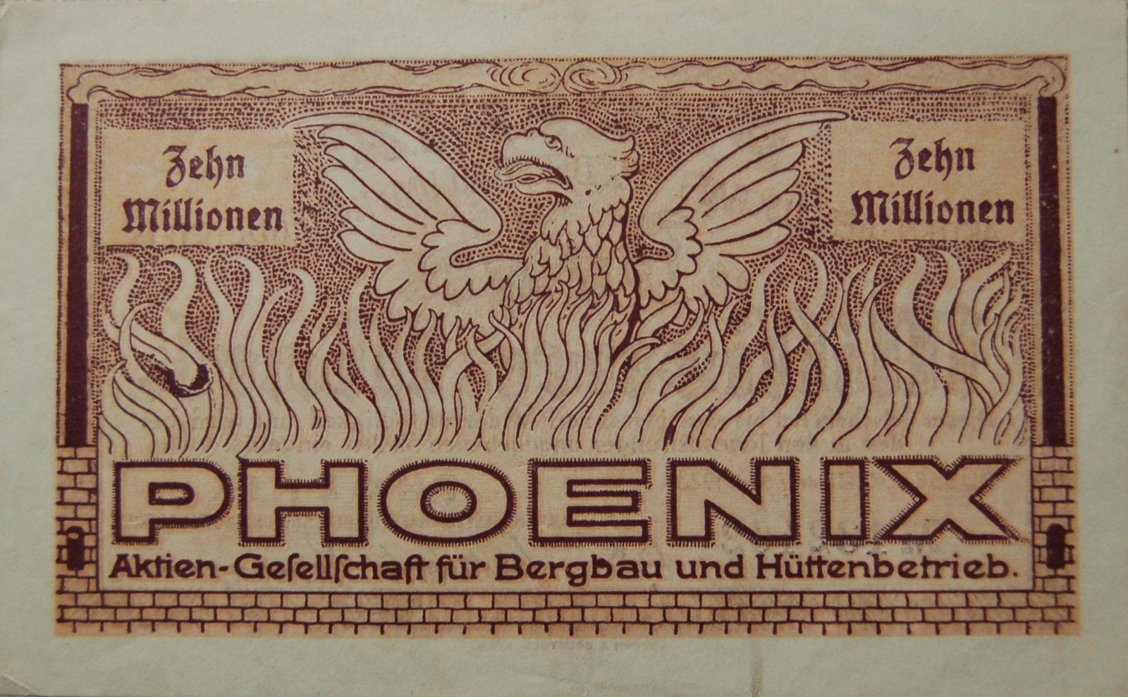 Реверс банкноты 10000000 марок Phoenix Aktien-Gesellschaft für Bergbau und Hüttenbetrieb (Германия) 1923 года