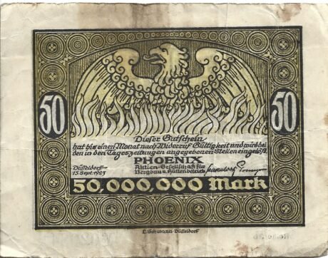 Аверс банкноты 50000000 марок Phoenix Aktien-Gesellschaft für Bergbau und Hüttenbetrieb (Германия) 1923 года