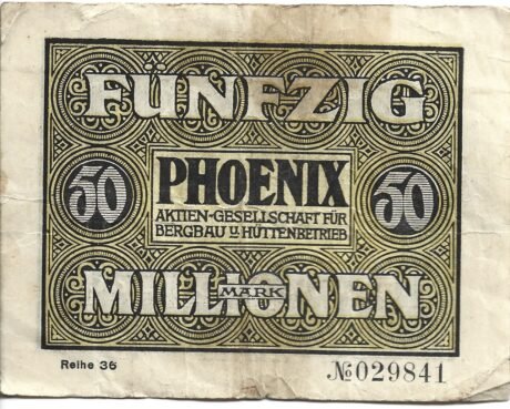 Реверс банкноты 50000000 марок Phoenix Aktien-Gesellschaft für Bergbau und Hüttenbetrieb (Германия) 1923 года