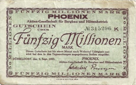 Аверс банкноты 50000000 марок Phoenix Aktien-Gesellschaft für Bergbau und Hüttenbetrieb (Германия) 1923 года