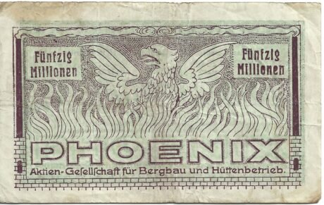 Реверс банкноты 50000000 марок Phoenix Aktien-Gesellschaft für Bergbau und Hüttenbetrieb (Германия) 1923 года