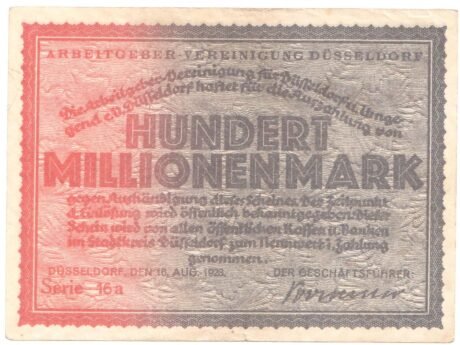 Аверс банкноты 100000000 марок Arbeitgeber-Vereinigung (Германия) 1923 года