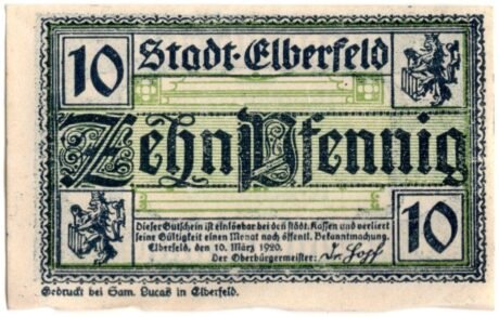 Аверс банкноты 10 fenigów (Niemcy) 1920