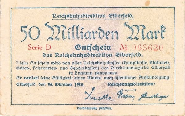 Аверс банкноты 50000000000 марок Reichsbahndirektion (Германия) 1923 года