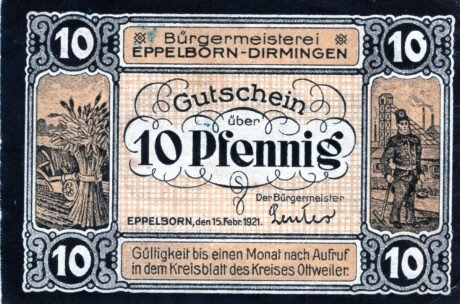 Аверс банкноты 10 fenigów (Niemcy) 1921