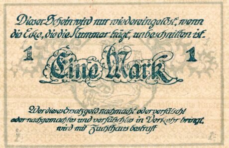 Реверс банкноты 1 Mansfeldsche Kupferschiefer bauende Gewerkschaft (Niemcy) 1919
