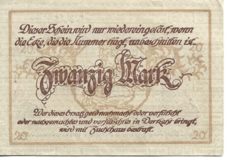 Реверс банкноты 20 marek Mansfeldsche Kupferschiefer bauende Gewerkschaft (Niemcy)