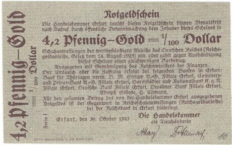 Аверс банкноты 4,2 fenigów Złoto = 1/100 dolara amerykańskiego Handelskammer (Niemcy) 1923