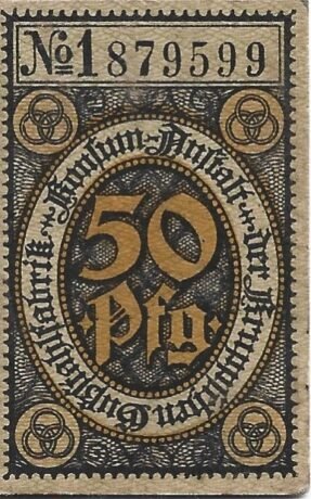 Аверс банкноты 50 fenigów Konsum-Anstalt der Kruppschen Gußstahlfabrik (Niemcy)