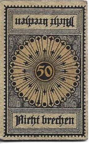 Реверс банкноты 50 fenigów Konsum-Anstalt der Kruppschen Gußstahlfabrik (Niemcy)