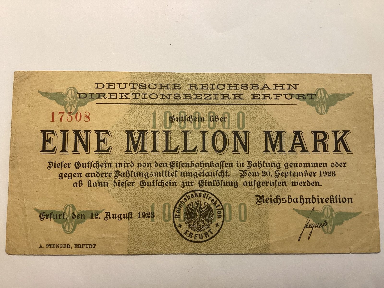 Аверс банкноты 1000000 марок Reichsbahndirektion (Германия) 1923 года