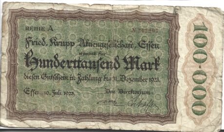 Аверс банкноты 100000 марок Krupp (Германия) 1923 года