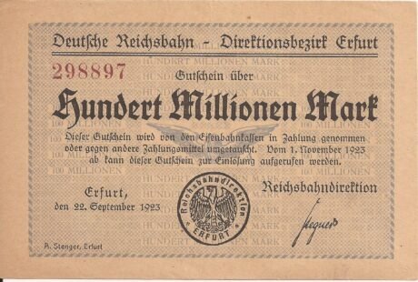 Аверс банкноты 100,000,000 Reichsbahndirektion (Germany) 1923