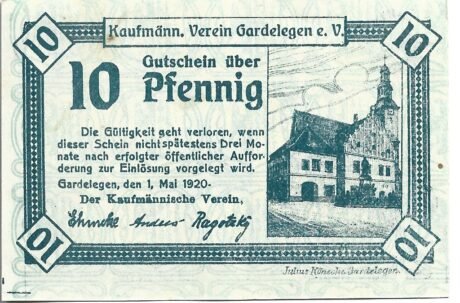 Аверс банкноты 10 fenigów Kaufmännischer Verein (Niemcy) 1920