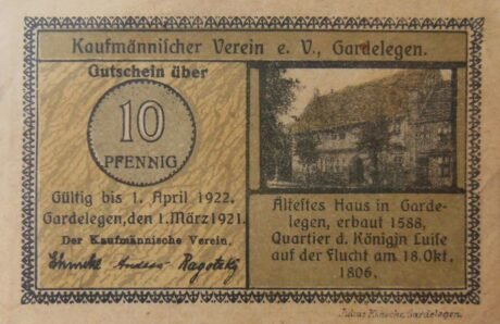 Аверс банкноты 10 fenigów Kaufmännischer Verein (Niemcy) 1921