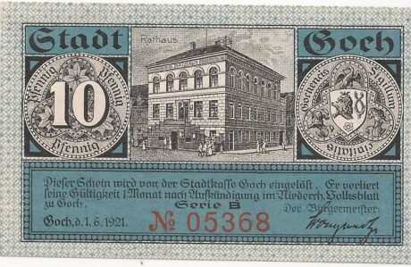 Аверс банкноты 10 fenigów (Niemcy) 1921