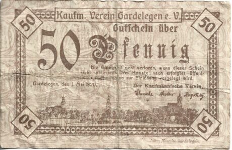 Аверс банкноты 50 fenigów Kaufmännischer Verein (Niemcy) 1920