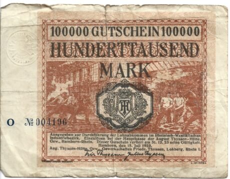 Аверс банкноты 100000 marek August-Thyssen-Hütte (Niemcy) 1923