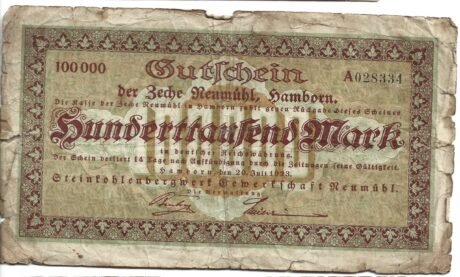 Аверс банкноты 100000 marek Steinkohlenbergwerk Gewerkschaft Neumühl (Niemcy) 1923