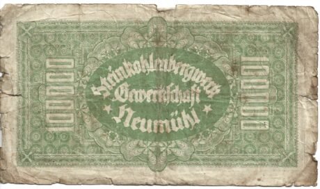 Реверс банкноты 100000 marek Steinkohlenbergwerk Gewerkschaft Neumühl (Niemcy) 1923