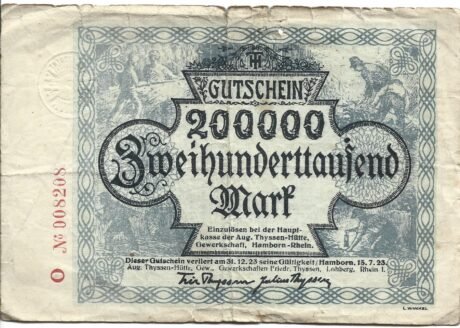 Аверс банкноты 200 000 marek August-Thyssen-Hütte (Niemcy) 1923