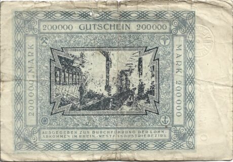 Реверс банкноты 200 000 marek August-Thyssen-Hütte (Niemcy) 1923