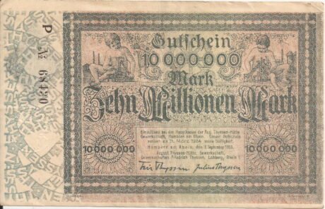 Аверс банкноты 10000000 marek August-Thyssen-Hütte (Niemcy) 1923