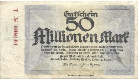 Аверс банкноты 50000000 марок August-Thyssen-Hütte (Германия) 1923 года
