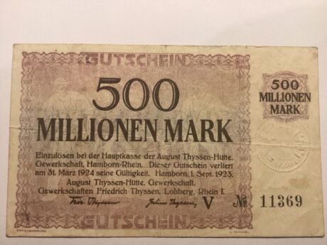 Аверс банкноты 500 000 000 marek August-Thyssen-Hütte (Niemcy) 1923