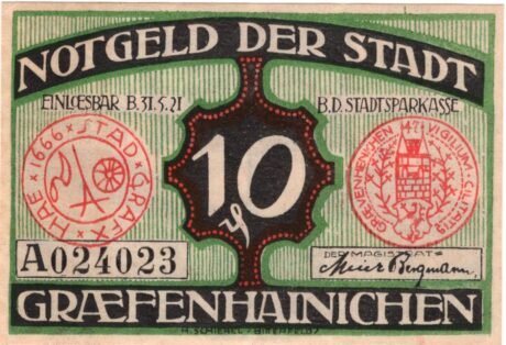 Аверс банкноты 10 fenigów (Niemcy) 1921