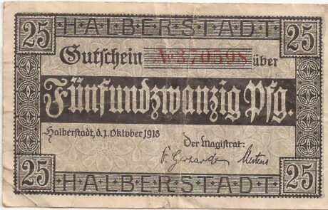 Аверс банкноты 25 fenigów (Niemcy) 1918