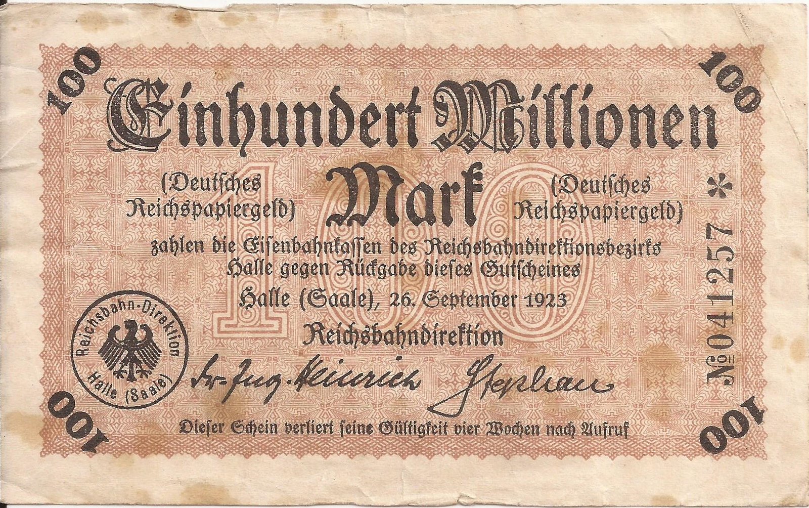 Аверс банкноты 100000000 марок Reichsbahndirektion (Германия) 1923 года