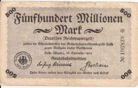 Аверс банкноты 500,000,000 marks Reichsbahndirektion (Germany) 1923