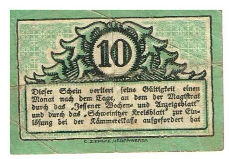 Реверс банкноты 10 fenigów (Niemcy)