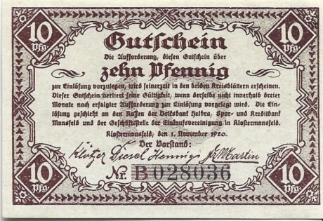 Аверс банкноты 10 fenigów Einkaufsvereinigung der Kaufleute des Mansfelder Gebirgs- und Seekreises (Niemcy) 1920