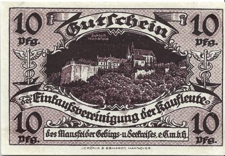 Реверс банкноты 10 fenigów Einkaufsvereinigung der Kaufleute des Mansfelder Gebirgs- und Seekreises (Niemcy) 1920