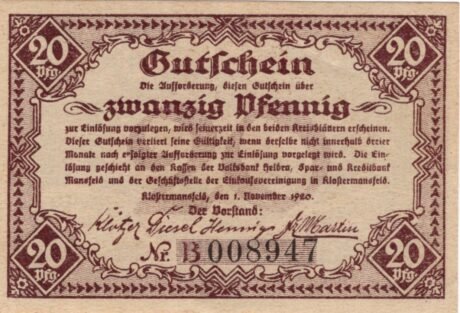 Аверс банкноты 20 fenigów Einkaufsvereinigung der Kaufleute des Mansfelder Gebirgs- und Seekreises (Niemcy) 1920