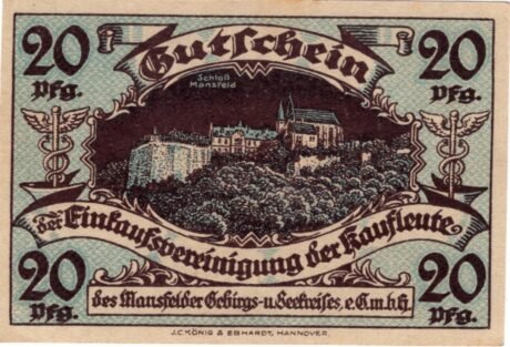 Реверс банкноты 20 fenigów Einkaufsvereinigung der Kaufleute des Mansfelder Gebirgs- und Seekreises (Niemcy) 1920