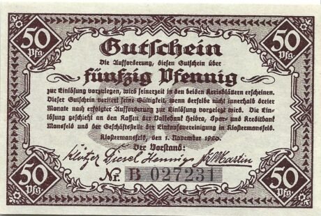 Аверс банкноты 50 fenigów Einkaufsvereinigung der Kaufleute des Mansfelder Gebirgs- und Seekreises (Niemcy) 1920