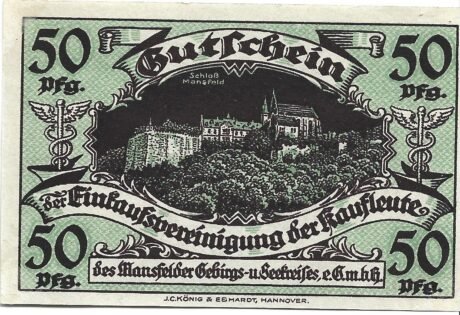 Реверс банкноты 50 fenigów Einkaufsvereinigung der Kaufleute des Mansfelder Gebirgs- und Seekreises (Niemcy) 1920