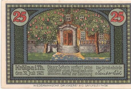 Реверс банкноты 25 fenigów (Niemcy) 1921