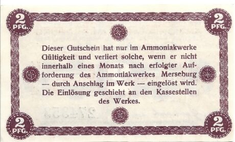 Реверс банкноты 2 Pfennig Ammoniakwerk Merseburg/BASF (Niemcy)