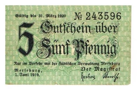 Аверс банкноты 5 Pfennig (Германия) 1919 года