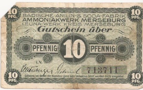 Аверс банкноты 10 Pfennig Ammoniakwerk Merseburg/BASF (Niemcy)